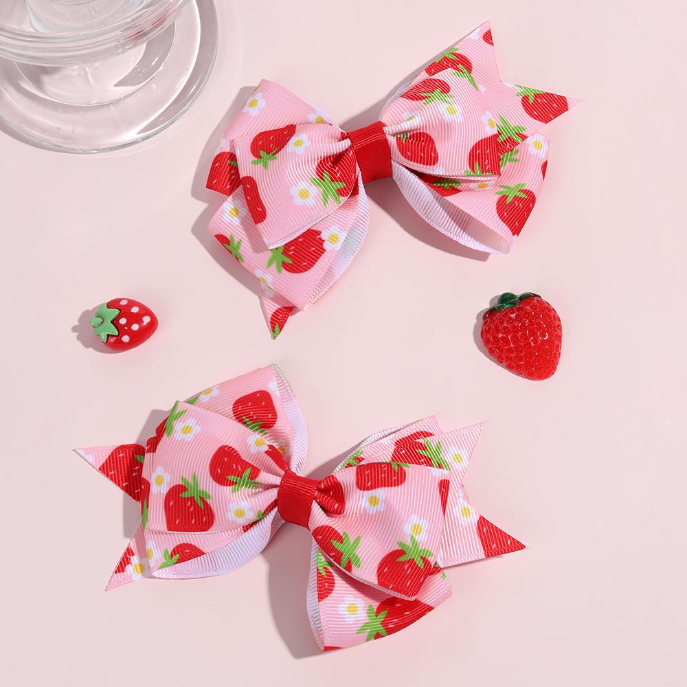 2Pcs Strawberry Bow Hair Clips Cute Red Floral Hairpins Ribbon Barrette For Girls Children Kids Sweet Kawaii Hair Accessories