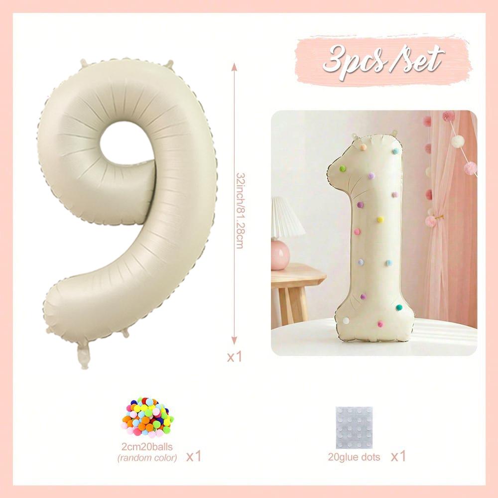 32 Inch Aluminum Foil Balloons, Milky White Numbers 0-9 for Birthday Party Decoration, 20 Plush Balls for Celebrating Birthdays