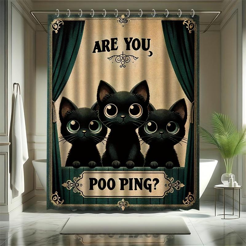 Cat Text Pattern Shower Curtain Set - Funny Content, Creative Design, Includes 12 Hooks, Polyester Fabric, Modern Bathroom Decor