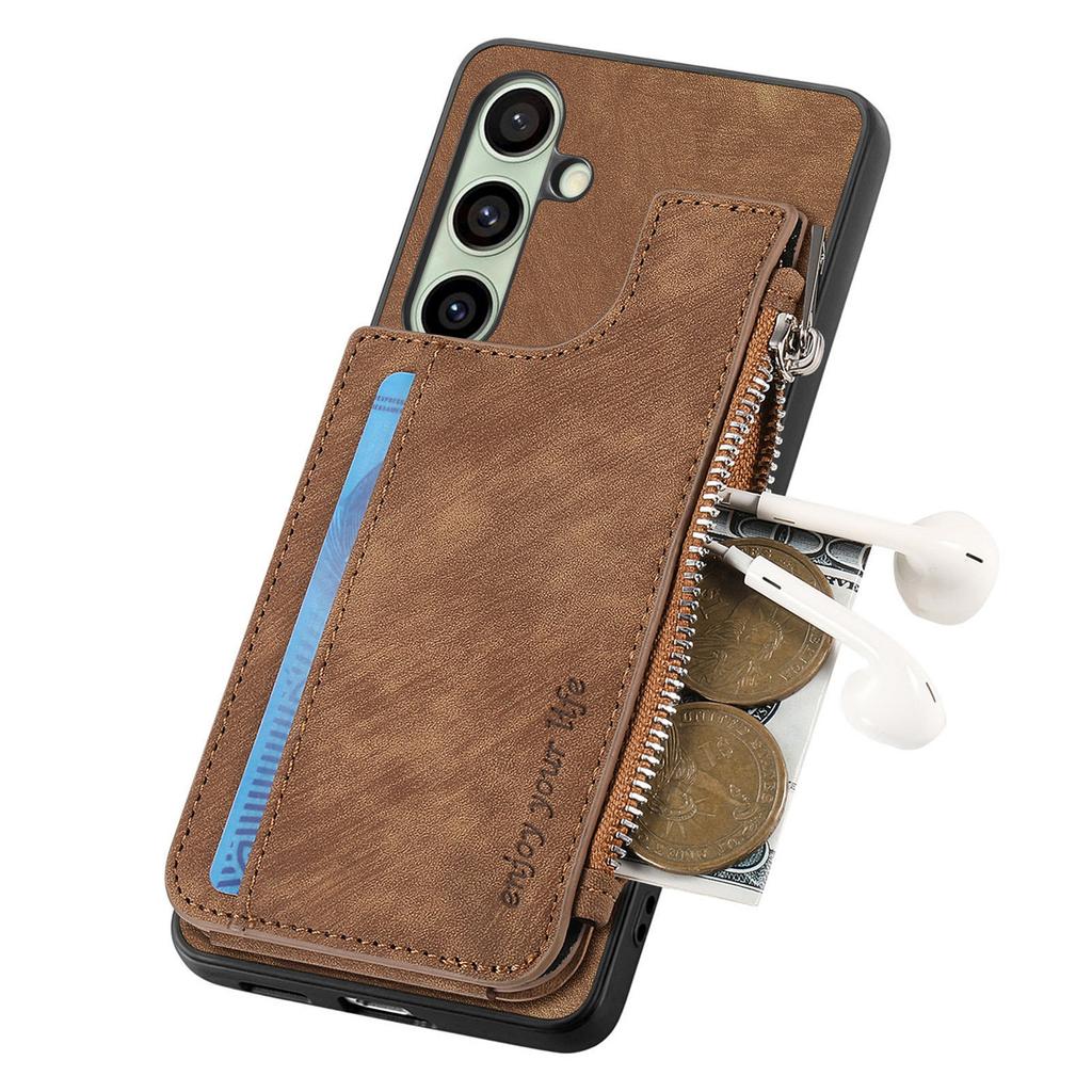 For Samsung Galaxy S24 FE Case Zipper Card Holder Kickstand Leather + PC + TPU Phone Cover