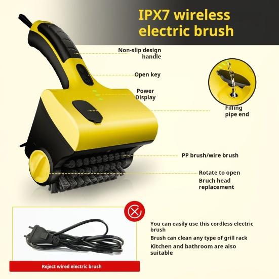 Cordless Electric Grill Brush with Rotating Head 8V Power Rechargeable BBQ Cleaning Tool Stainless Steel Bristles Type-C Cable Portable Grill Bot for