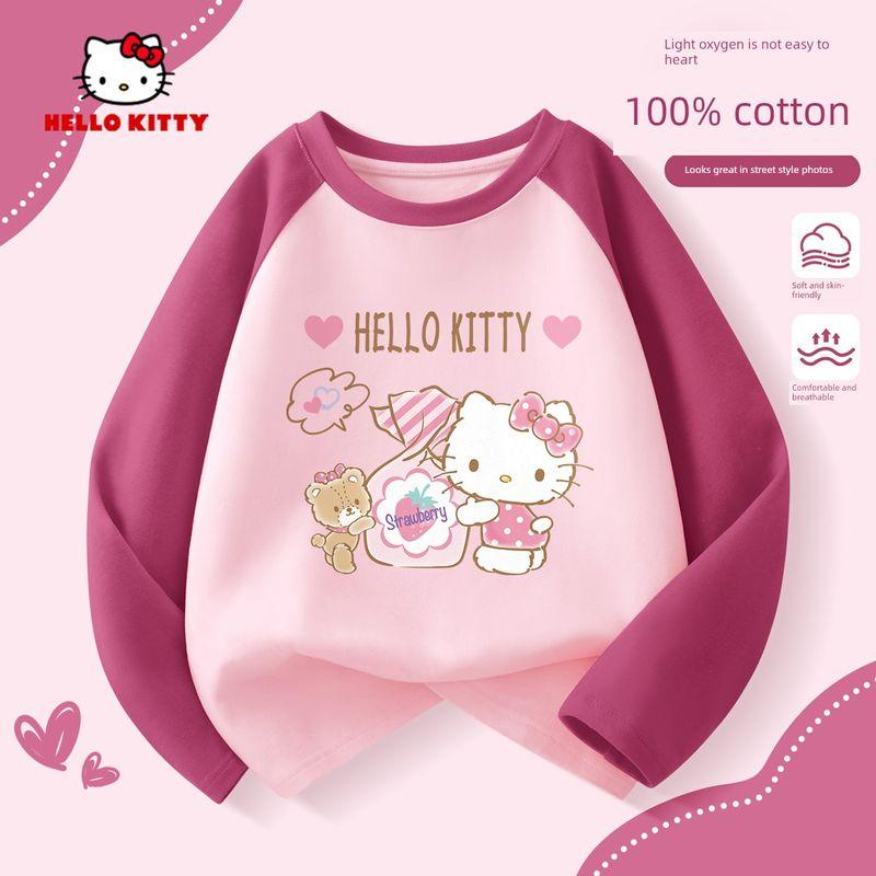 Hello Kitty Girls' Long-Sleeved T-Shirt 2025 New Pure Cotton Kidsren's Raglan Top Cute Girl's Bottoming Shirt
