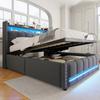 Upholstered Bed 140*200cm with LED Lighting and USB Socket, Headboard with Shelves and Storage, With Hydraulic Storage, Double Bed, Linen Fabric Grey