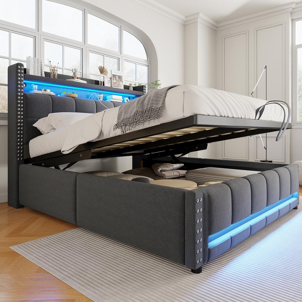 Upholstered Bed 140*200cm with LED Lighting and USB Socket, Headboard with Shelves and Storage, With Hydraulic Storage, Double Bed, Linen Fabric Grey