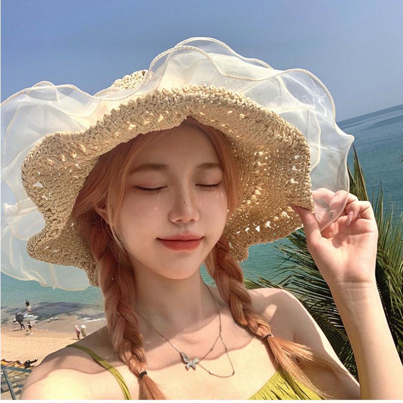 Temperament Lace, Large Brim, Showcasing Face, Small Straw Hat, Female Summer Vacation Beach Sun Protection Hat