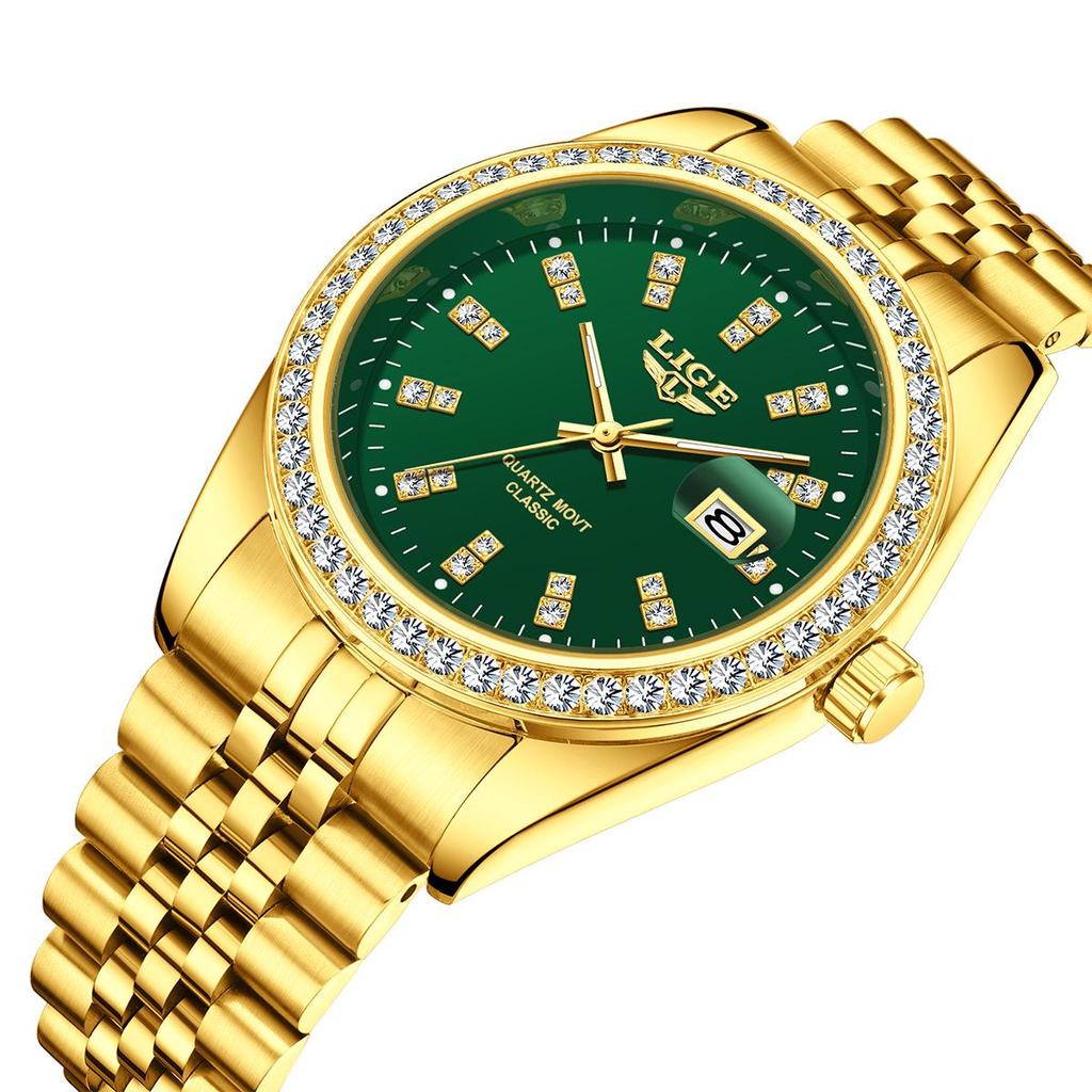LIGE Men's Elegant Quartz Watch with Large Diamond-Inlaid Dial