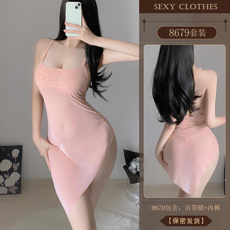 Erotic Underwear, Pure Sensual Halter see-through Seductive nightdress, Hot Slit pajamas, no-take Uniform 8679