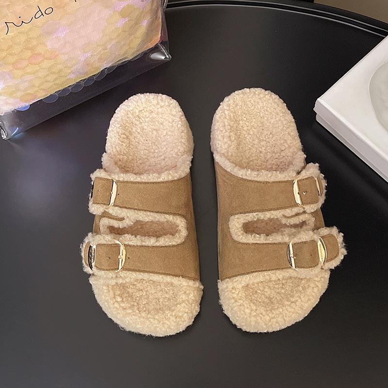 Thick-soled temperament fluffy shoes for women's 2025 new autumn fashion versatile outer wear one-pedal lazy cotton slippers