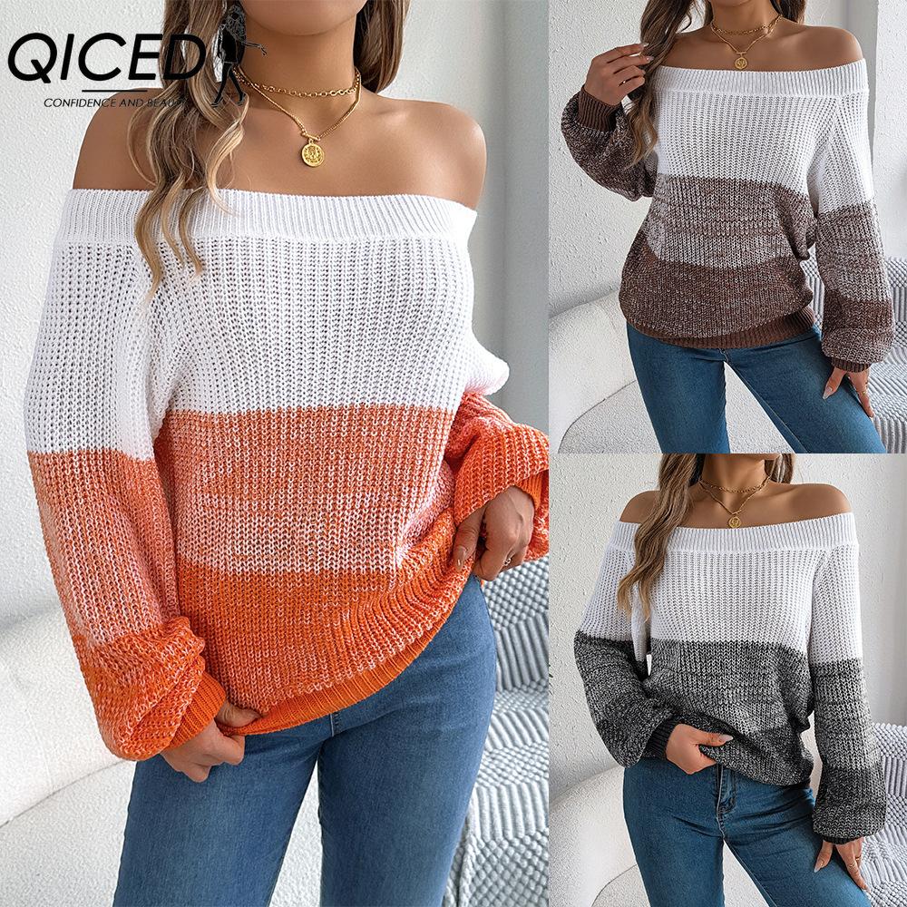 QICED Autumn and Winter Casual Color-blocked Off-the-shoulder Lantern Sleeve Pullover Sweater for Women