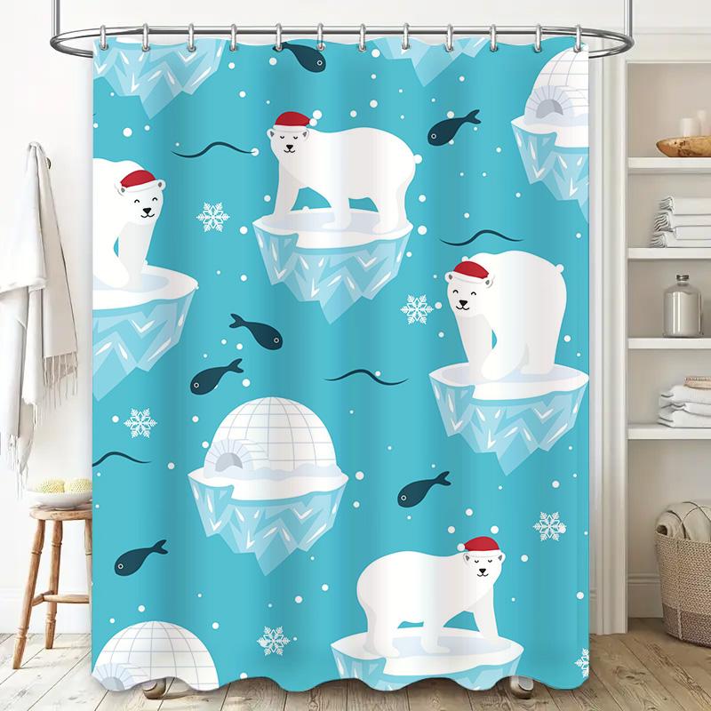 Weihnachtsedition Duschvorhang Blau Eisbären Eisberge Muster, Niedliche Badezimmer Dekoration Für Weihnachtsgeschenkideen Kostenloser Versand