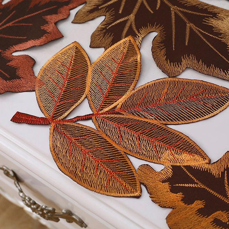 1pc Autumn Maple Leaf Embroidered Table Runner, Flocked Brown Maple Design, Rustic Farmhouse Thanksgiving Harves