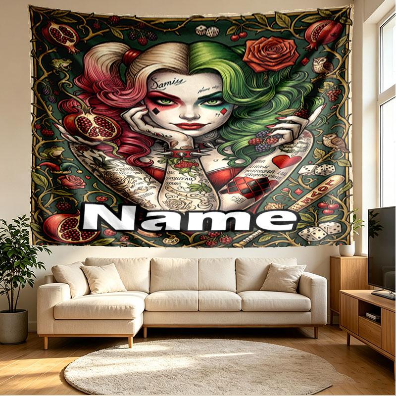 Custom Name Personalized Harley Quinn Print Tapestry, Wall Art Decor, Bedroom, Dorm, Apartment, LivingRoom, Party Backdrop, Gift for Birthday