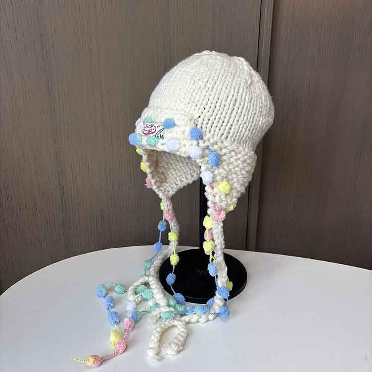 Sweet Cute Colored Braided Wool Hat Vintage Handwoven Fringed Knitted Hat Children's Autumn/Winter Ear Cap