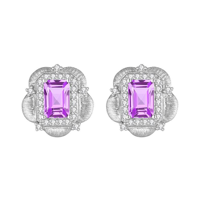 European American Retro Italian Brushed Natural Crystal Stone Earrings S925 Sterling Silver Stud Earrings Women's Jewelry Gift