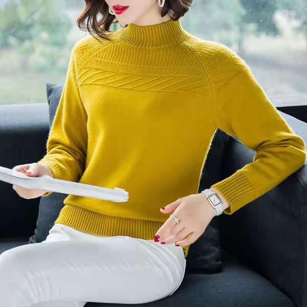 Kaschmirpullover für Damen, locker, einfarbig, Herbst-Winter-Frühling, Wolle, warm, Damenpullover, lässig, langärmelig, halber Rollkragenpullover