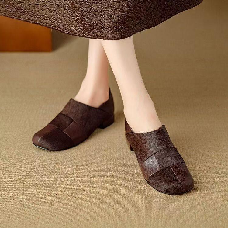 Mao deep mouth single shoes retro thick heel spring and autumn round head thick heel small leather shoes women's soft sole pu leather splicing loafers