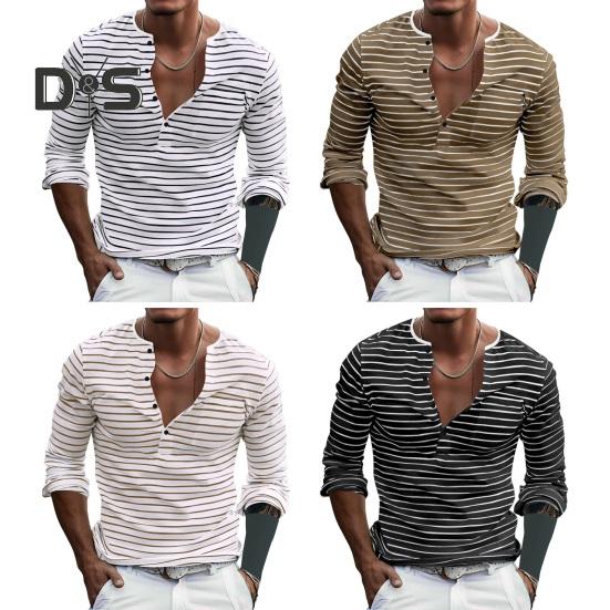 Fall Spring Men Top V Neck Striped Print Color Matching Long Sleeves Pullover Mid Length Casual Daily Wear Work Shirt