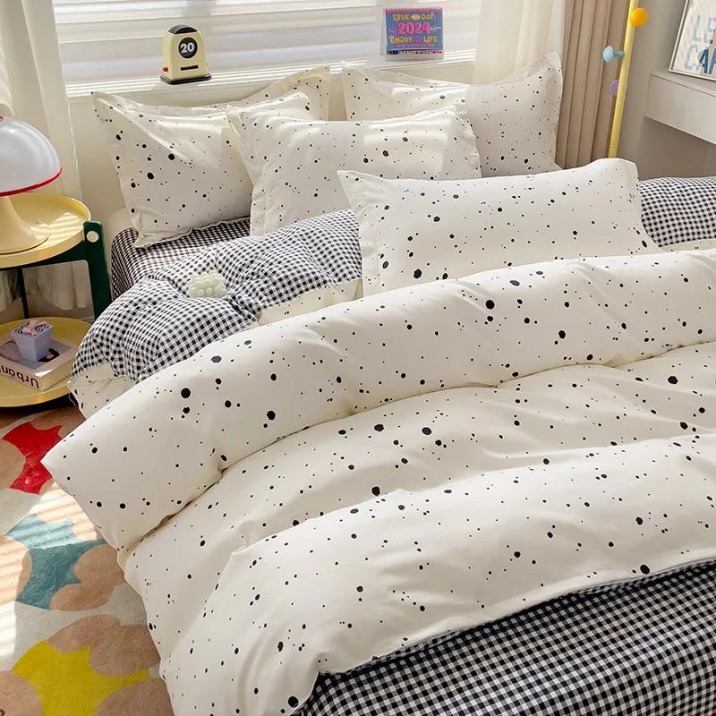 4 Piece, 100% Cotton Bedding Set, 4 Piece Bed Sheet Comforter Set, Simple Striped Check Couple Bed Quilt Set