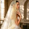 One Tier Cathedral Wedding Veil, White Tulle Bridal Veil with Golden Floral Lace Embroidery, 300cm Long Train Wedding Headwear for Bride