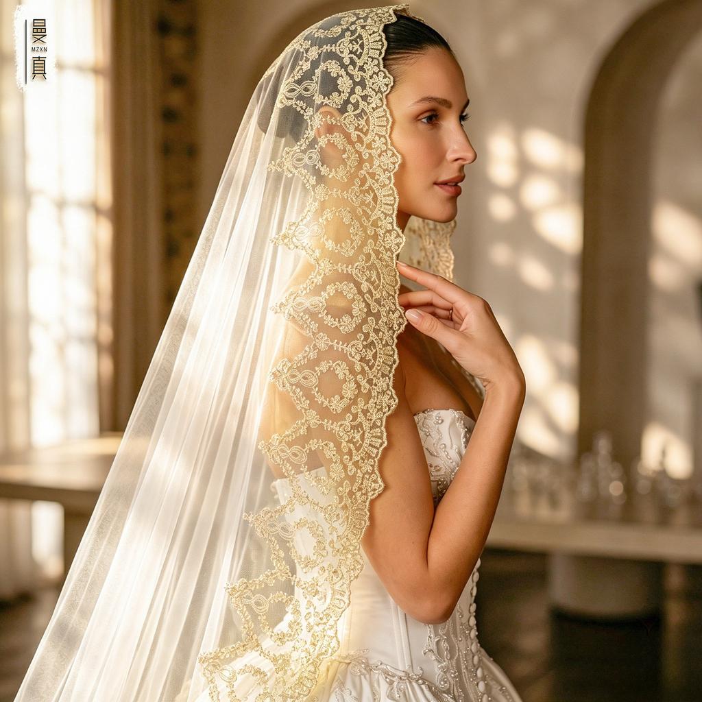 One Tier Cathedral Wedding Veil, White Tulle Bridal Veil with Golden Floral Lace Embroidery, 300cm Long Train Wedding Headwear for Bride