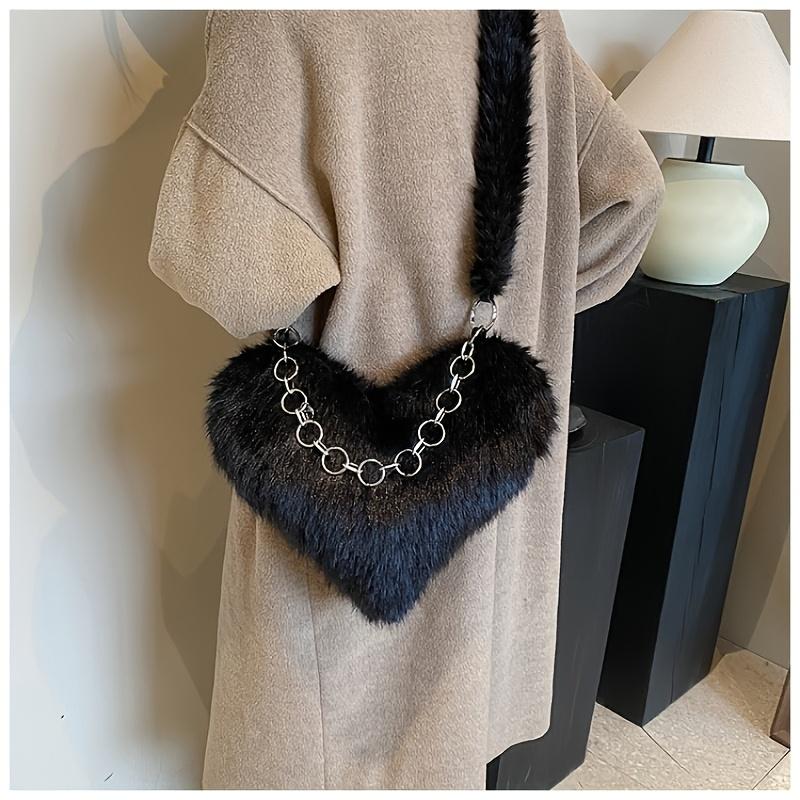 Women's Shoulder Bag, Plush Heart Chain Shoulder Bag, Crossbody Bag, Handbag, Niche Sexy Girl Outfit, Date, Commuting, Shopping, Versatile.