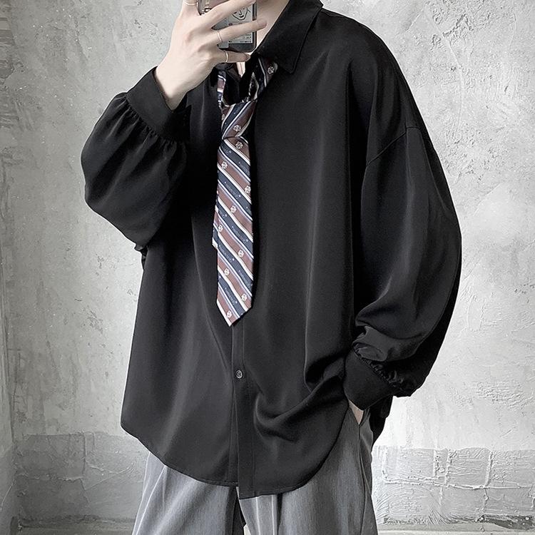 Men's Loose Fit Korean Style Pleated Cuff Shirt with Long Sleeves - Spring/Autumn Fashion.