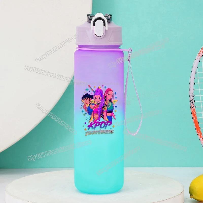 750ml KPop Demon Hunters Gradient Water Bottles High-capacity Drinking Straw Cup Portable Girl Office School Outdoor Bottles