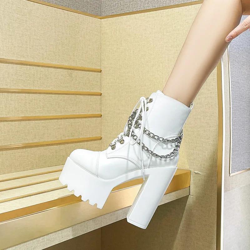 Fashion Women Shoes Boots Black Dark Cool Thick Bottom Platform Harajuku Shoes With Metal Chain Gothic Punk Girls Shoes Footwear
