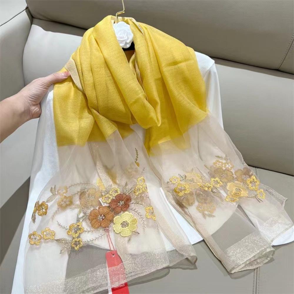 Transparent Mesh Neck Scarves Embroidery Flower Silk Scarf Shawls Elegant   Ladies/Girls