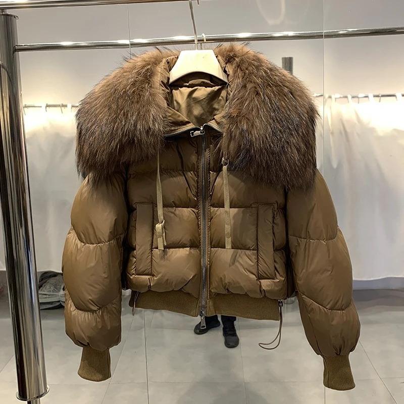 Winter Puffer Jacket Women Thick Warm Short Parkas Real Natural Raccoon Fur Loose Down Coat