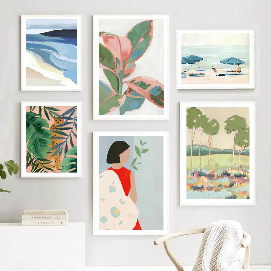Frau Leopard Poster Strand Tropische Pflanze Blatt Wandkunst Wandbild Leinwand Linien Druck Abstraktes Ölgemälde Bilder Wohnzimmer Dekor