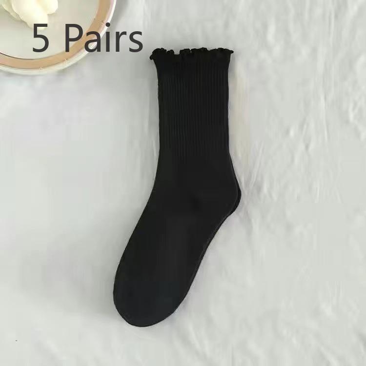 5 Pairs of White Lace Socks for Women In Summer, Mid-calf Black Ear-edge Women's Socks, School Style, Versatile Jk Pile Socks