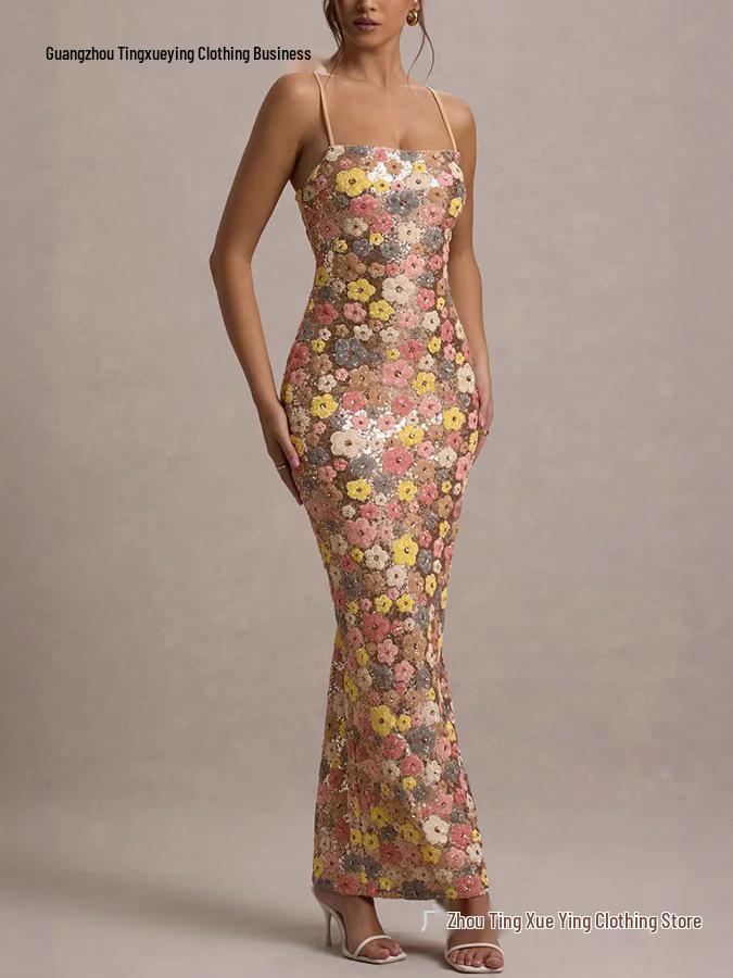 2026 European Spring/Summer Sequin Spaghetti Strap Bodycon Party Dress