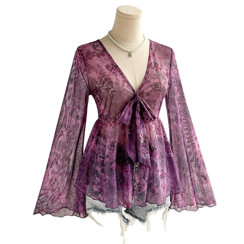 Fitted Shirt, V-neck, Flared Sleeves, Cinched Waist, Sexy Top, Printed Shirt