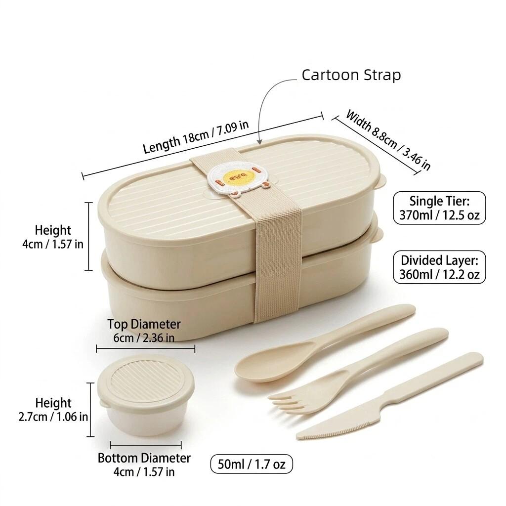 2Pcs/Set Plastic Fruit Salad Food Container With Cute Strap Portable Oval Bento Box For Kids Students Microwaveable Lunch Box
