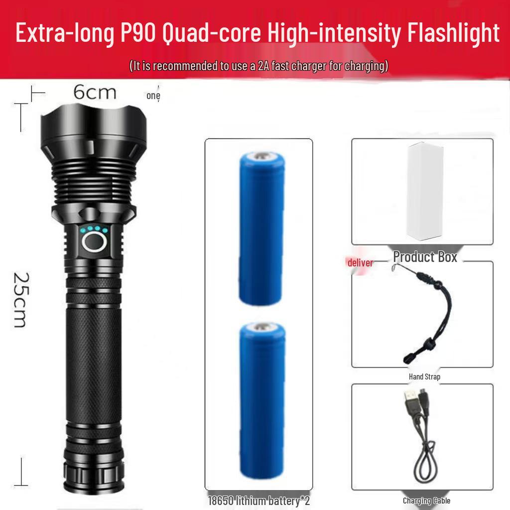 Waterproof Aluminum P90 High-Power Flashlight with Telescopic Focus and P70 Spotlight for Outdoor Use