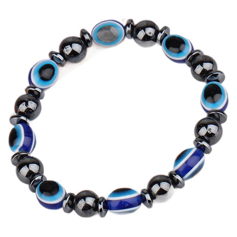 Black Stone Elastic Bracelet with Blue Eye Oval Beads for Men & Women