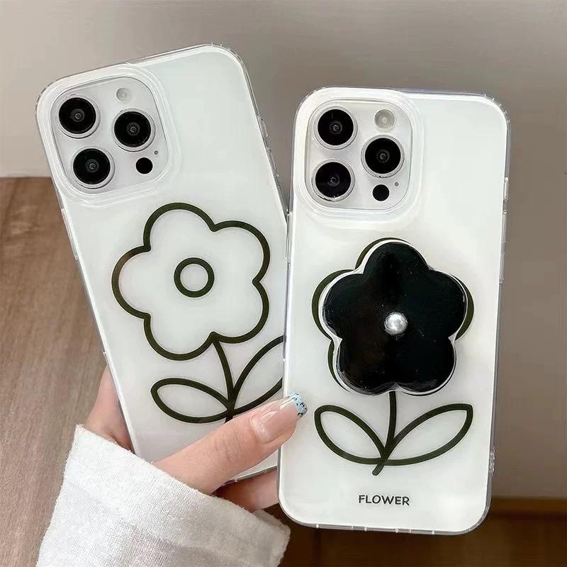 Black Peal Flower Grip Tok Holder Acrylic Hard Phone Case for Samsung Galaxy S26 20 Ultra S25 Plus S24 S23 S22 S21 S20 FE