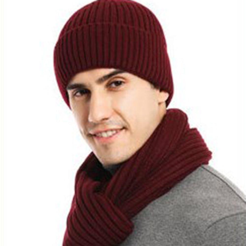 Soft Hat Scarf Gloves Set Solid Color Winter Cable Beanie Hat Knitted Cap for 3Pcs/Set Men