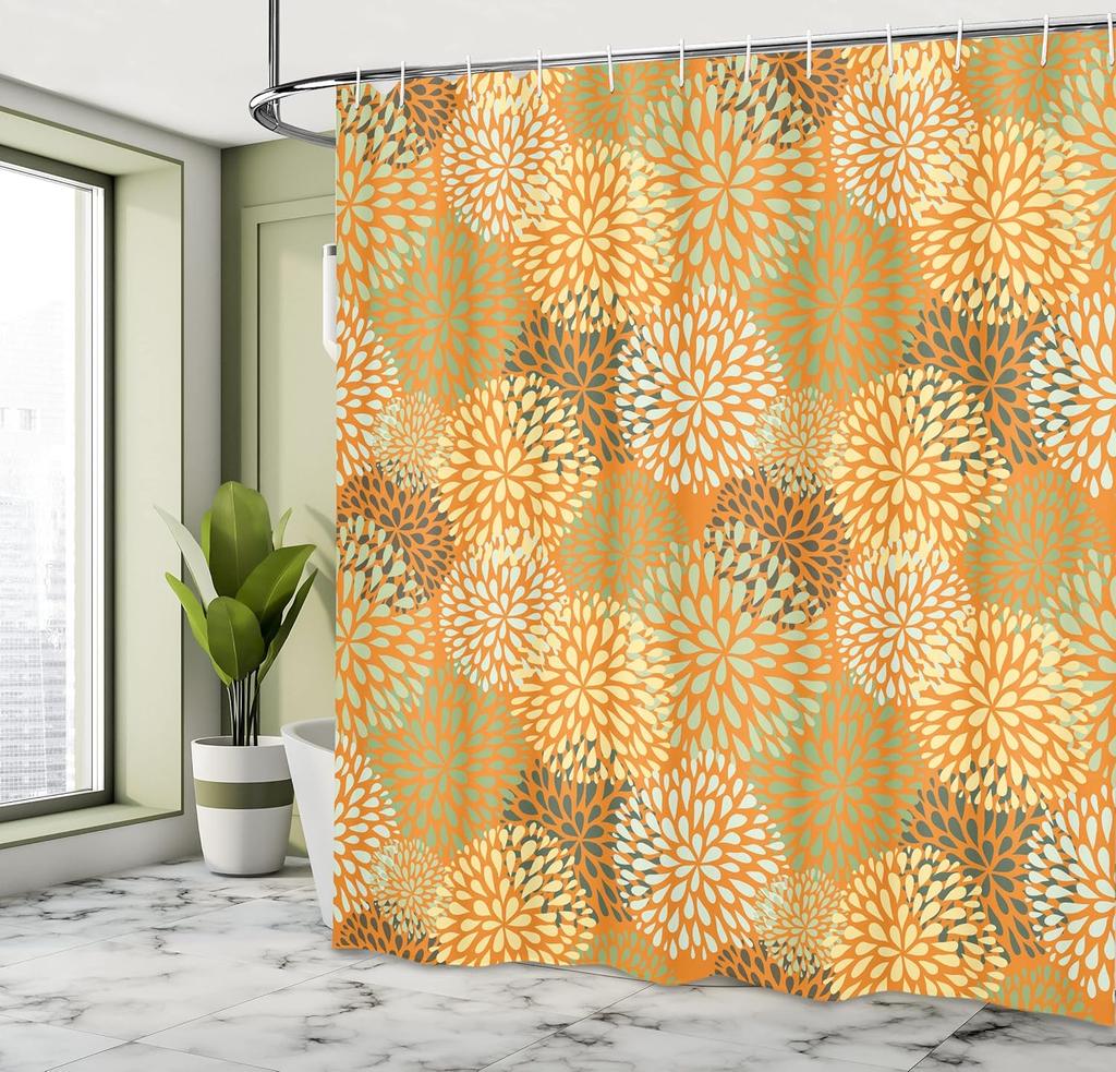 Orangefarbenes Blumendekor Duschvorhang Abstrakte Blumen Moderne Badezimmerdeko Leinen180X210