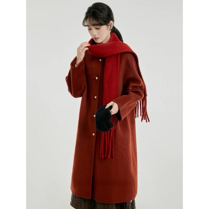 Winter Fashion Red Wool Coat Women Loose Mid Long Simple Elegant Premium Tweed Jacket