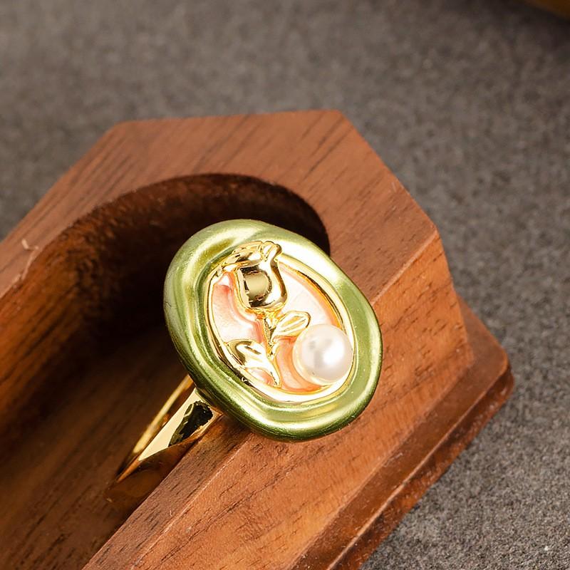 Adjustable Open Ring With Pearl Floral Motif Vintage Oil Painting Style Copper Jewelry Men Women