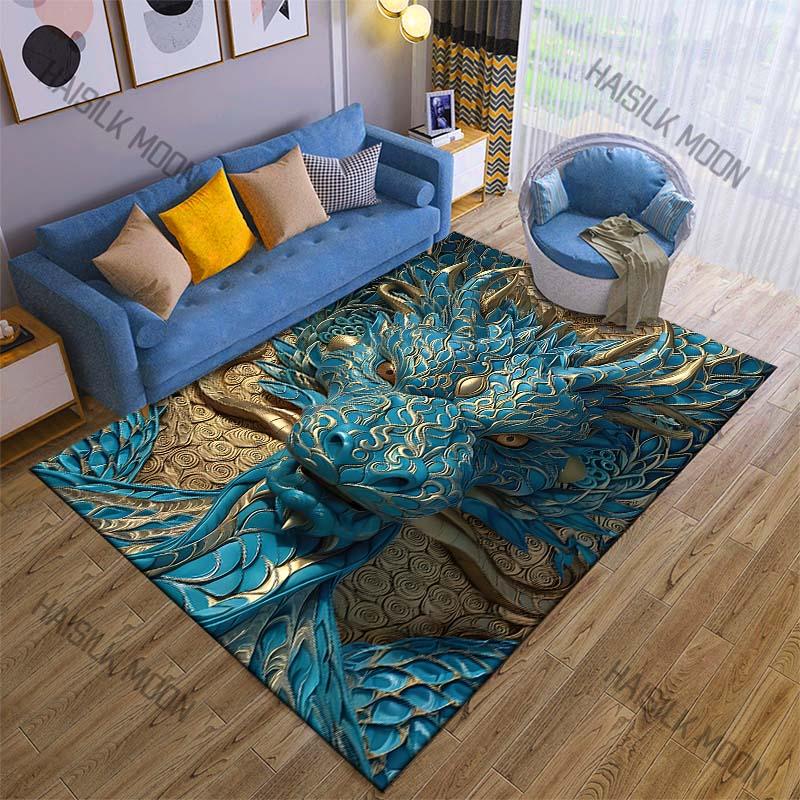 Oriental Dragon Head Print Cartoon Carpet Rug for Living Room Bedroom Sofa Decor Kids Play Home Area Rug Non-slip Mat