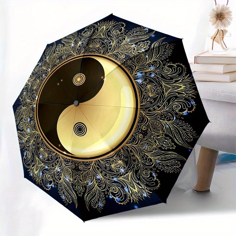 Automatic Open/Close Umbrella - Elegant Yin Yang Symbol in Navy Blue & Golden, Compact Travel Umbrella with 8-Rib Strong Frame