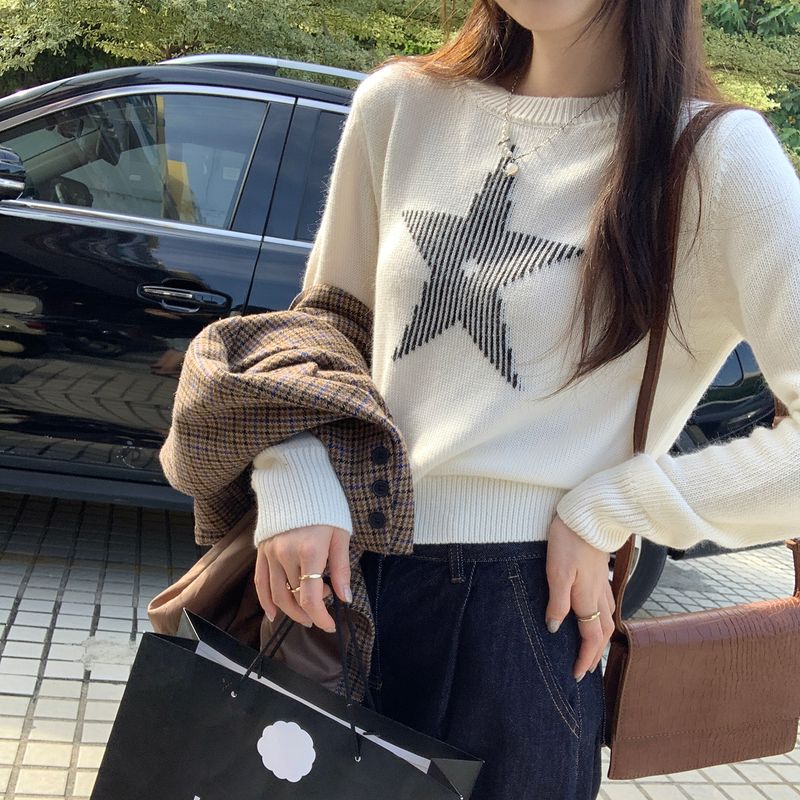 Kumikumi Sweet Style XINGX Print Round Neck Temperament Long Sleeve Knitwear Women's Clothing Autumn Loose All-Matching Top