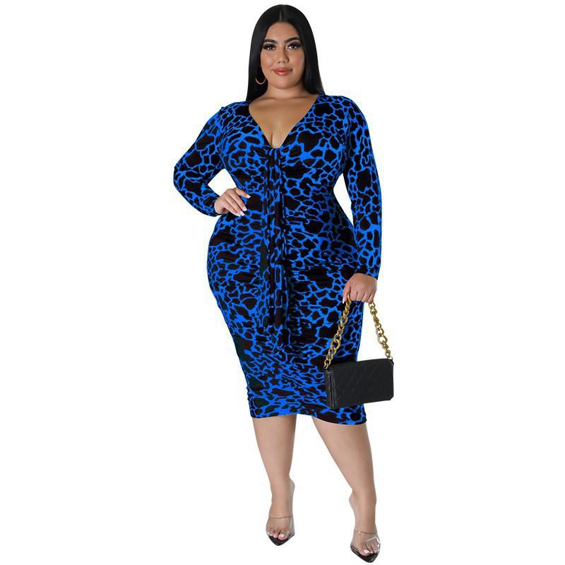 Plus Size Womens V-Neck Long Sleeve Midi Dress Leopard Print Milk Silk Stretch Fit 2025