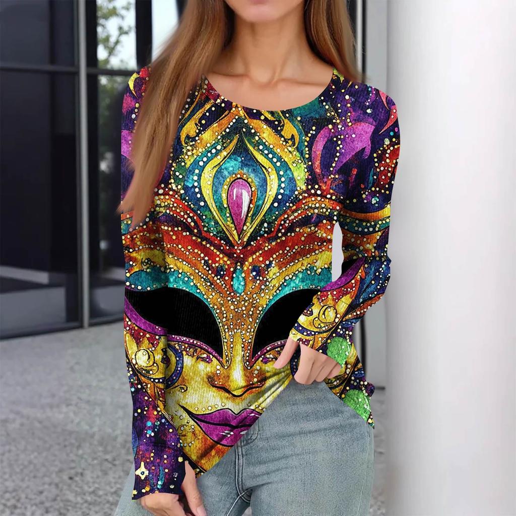 Women's Winter Slim Bottom T-shirt Fashion Casual Printing Round Neck Pullover Long Sleeve Top