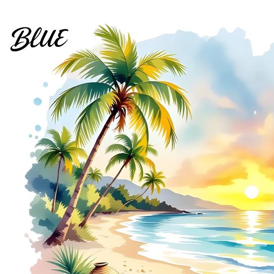 Round Beach Wall Summer Landscape Palm Seaside Tree Decal Sunset Decal Watercolor Sticker Island Style Home Decor Tropical Coconut