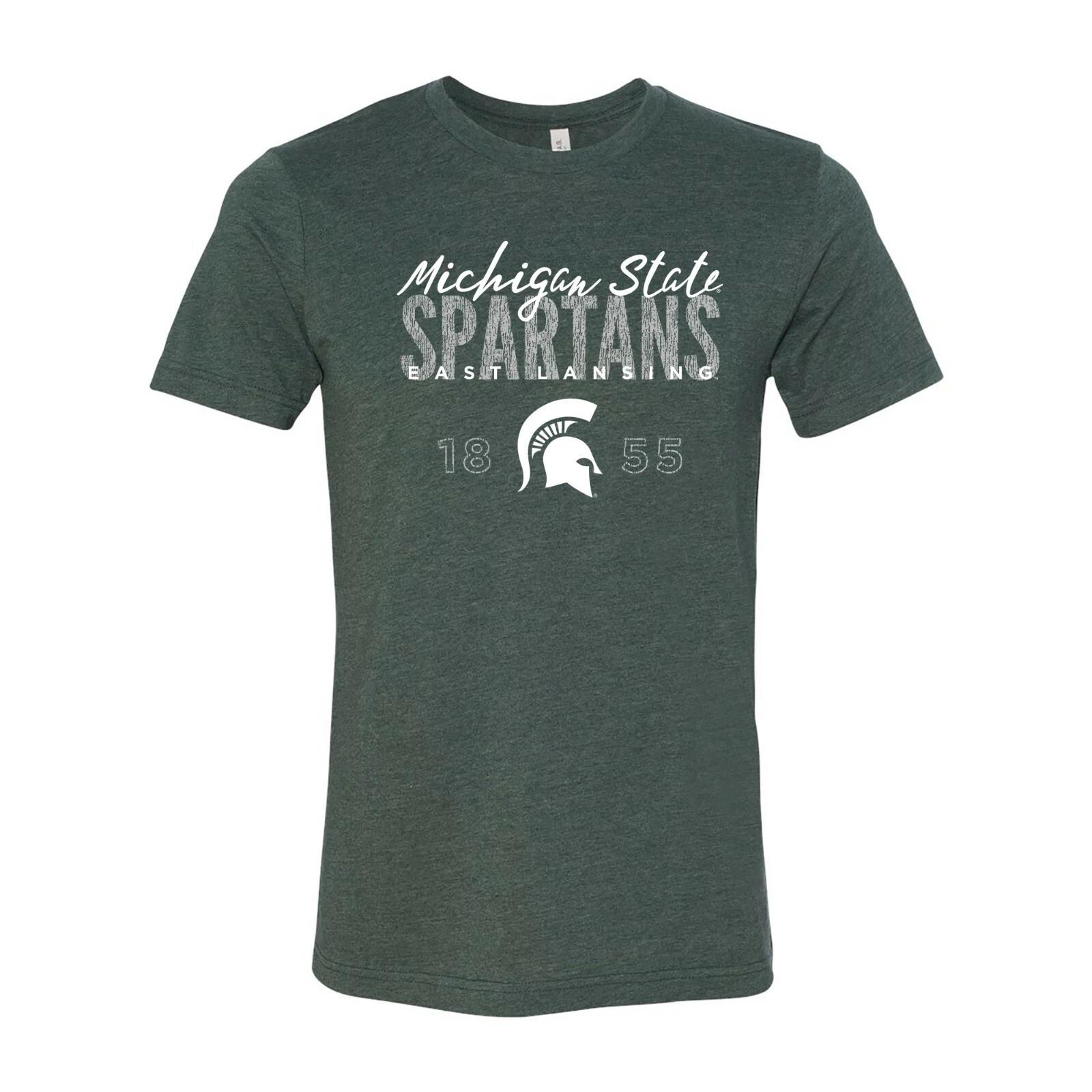 Michigan State Spartans Dist Block Script Logo T-Shirt - Heather Forest 4XL