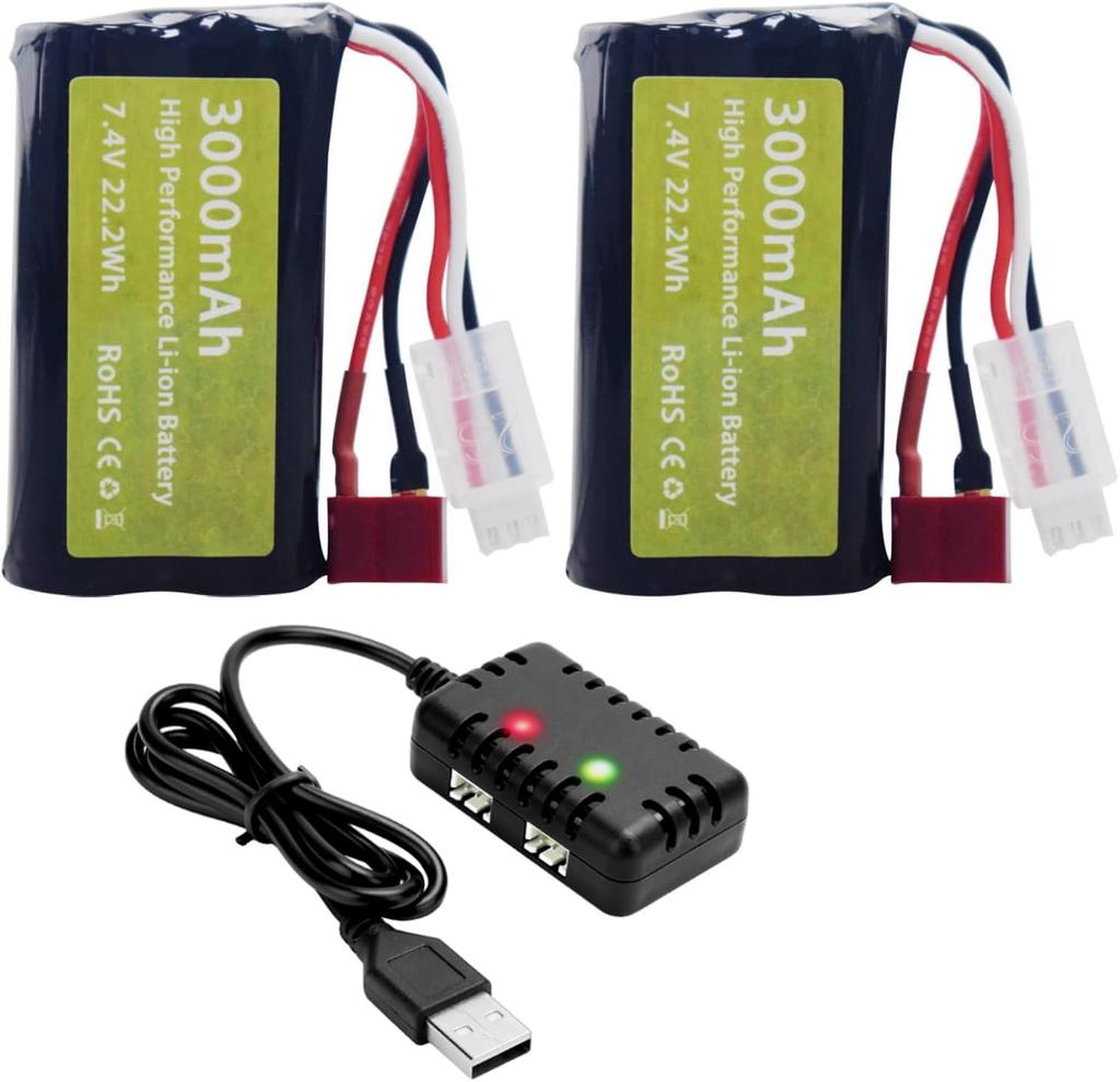 2x 7.4V 3000mAh 15C 2S Li-ion Battery with T Plug and 2-in-1 Charger – for WLtoys 12423 MJX 14301 14302 14303 H16PL RC Car 1/10 1/12 1/16 Scale